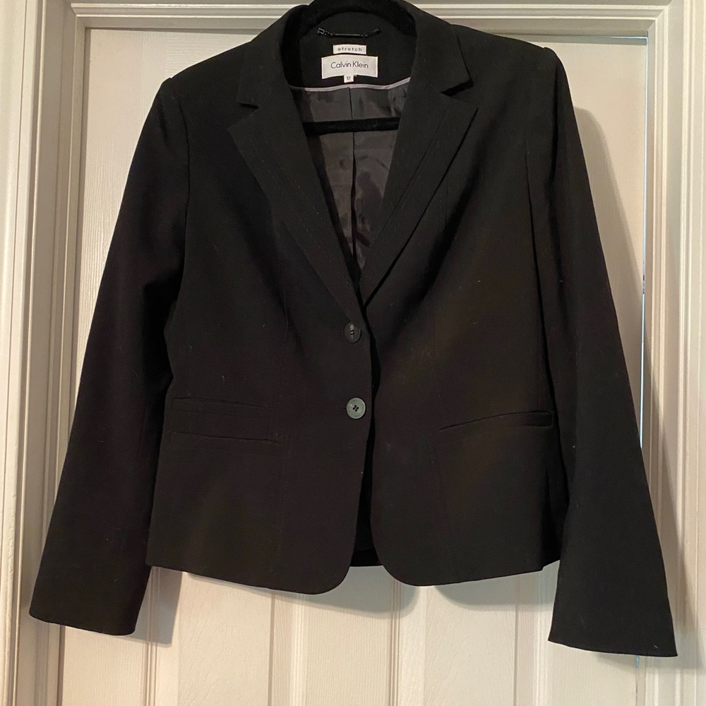 Calvin Klein Blazer Womens Size 12 Black Two Button Pockets Classic Business EUC